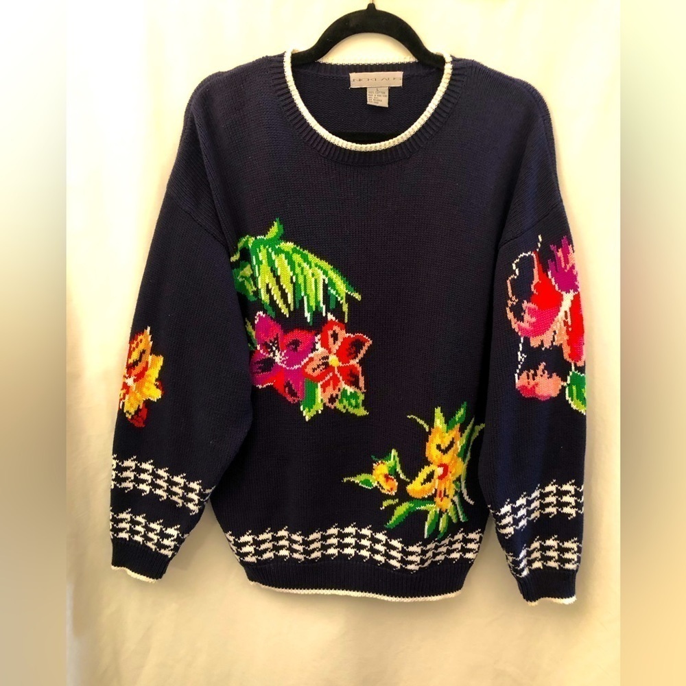 Vintage NICKLAUS Navy Blue White Colorful Floral Knit Sweater 100% Cotton Large